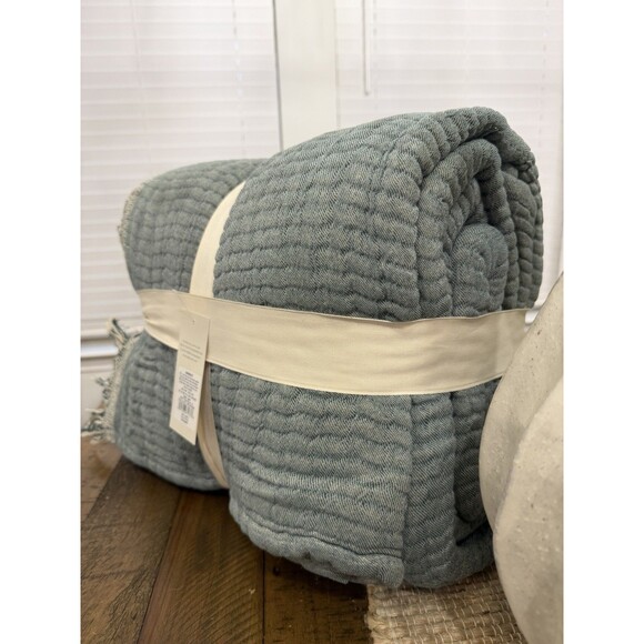 King Reversible Textured Cotton Chambray Coverlet Dark Teal  King + Reversible Textured Cotton Chambray Coverlet Dark Teal Blue - Casaluna